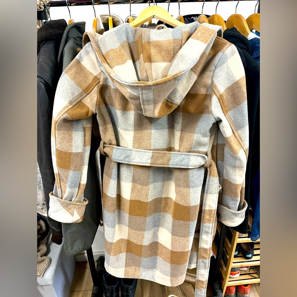 A New Day womens Plaid Hooded Wrap Coat With Belt-Tan/Gray-Size S